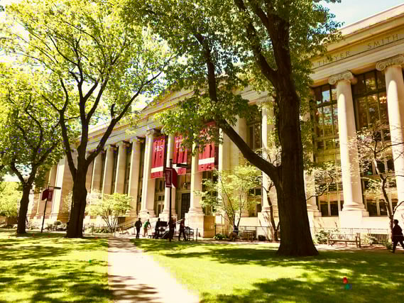 Harvard University campus with crimson banners