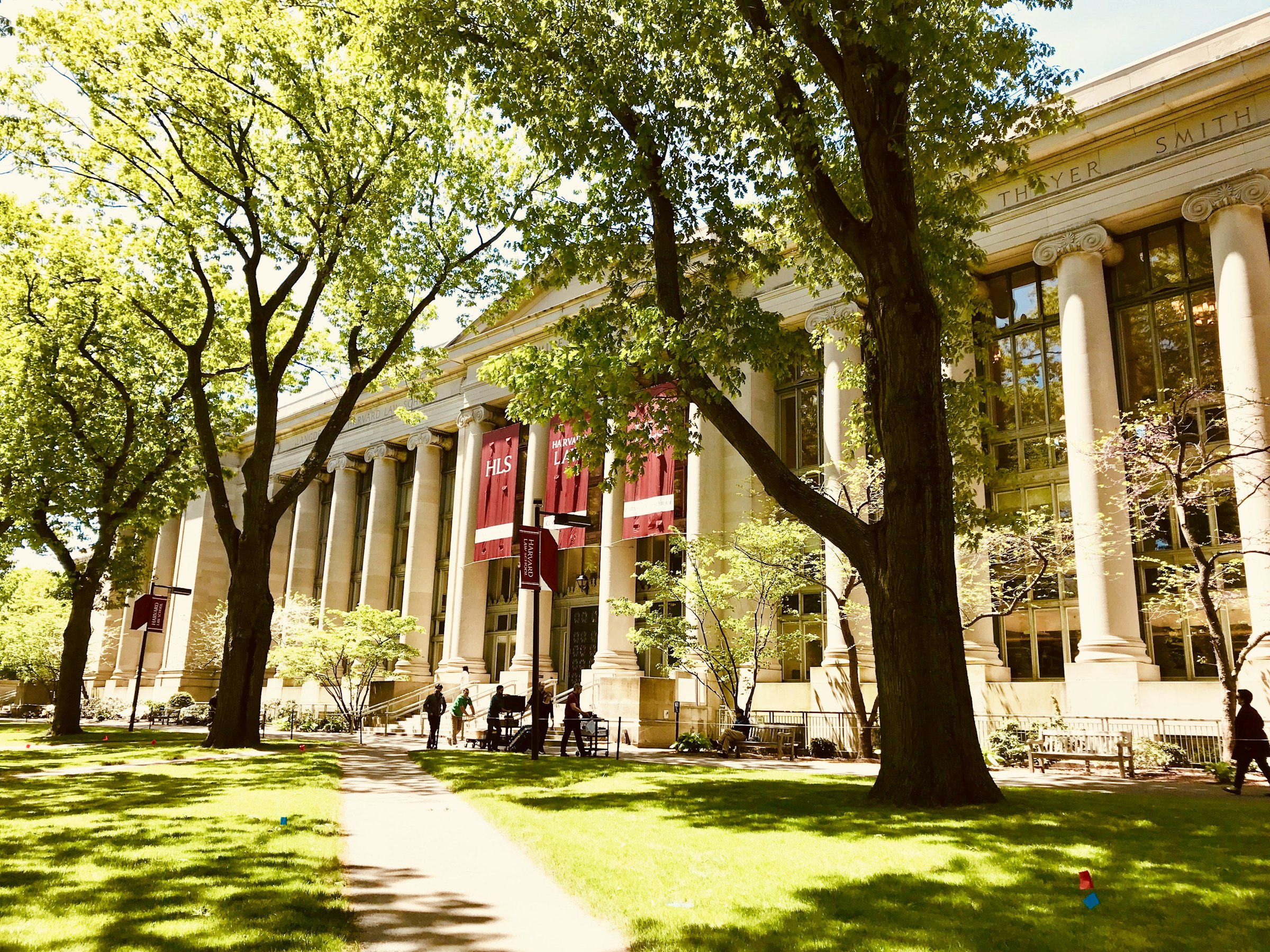 Harvard University campus with crimson banners